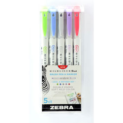 Zebra Pen Mildliner Brush Pen & Marker Set - Fine Marker Point - Brush Marker Point Style - Green Pigment-based, Dark Blue, Gray, Violet, Red Ink - 5 / Pack