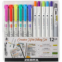 Zebra Technologies Creative Note Taking Set, Fine Pen Point, Fine Marker Point, Chisel, Bullet Marker Point Style, Assorted Gel-based Ink, 12/Pack