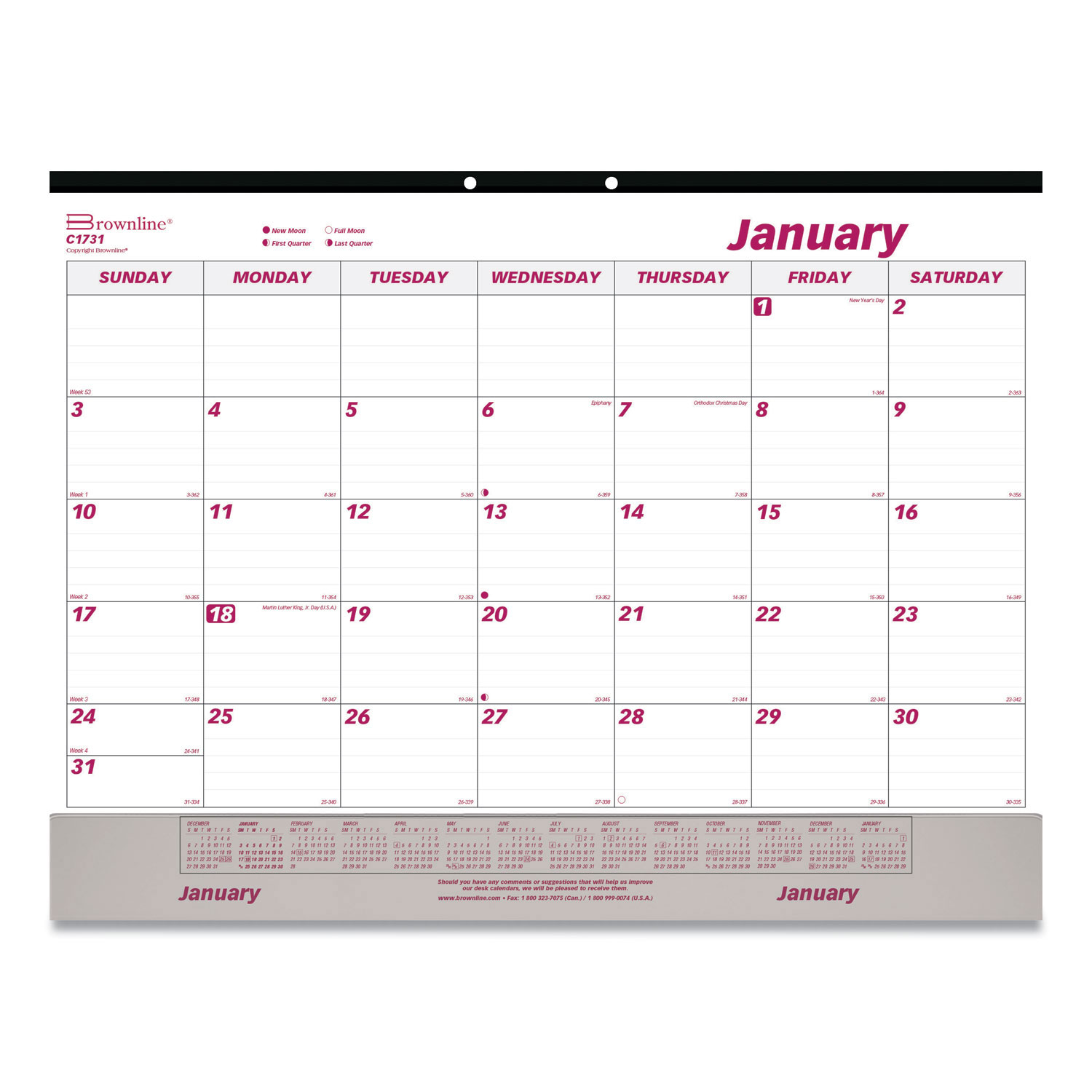 Brownline Monthly Desk Pad Calendar 22 x 17, White/Maroon, 2021